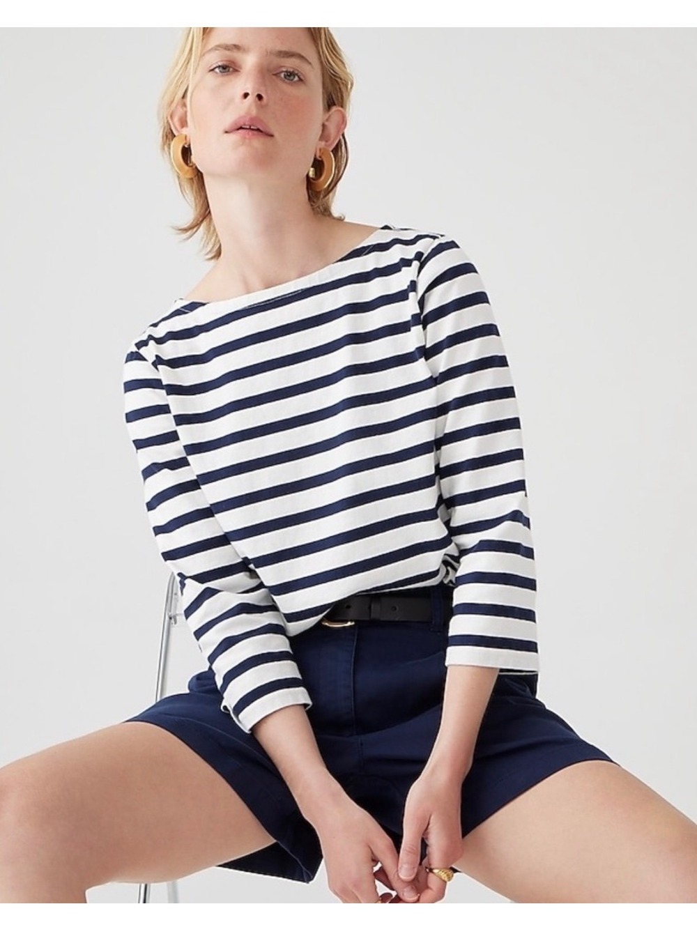 J.Crew Breton Stripe Boatneck 3/4 Sleeve Cotton Top Navy White Small S